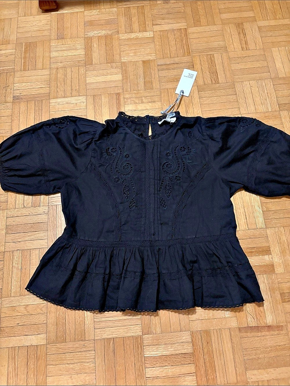 Jennifer & Grace Embroidered Peplum Blouse in Black Size Medium NWT